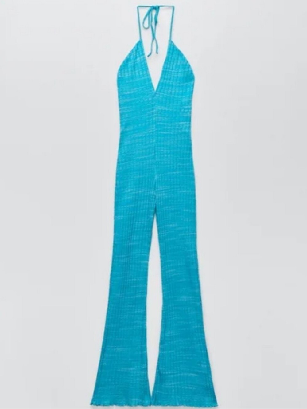 Zara Aqua Halter V-Neck Ribbed Wide-Leg Jumpsuit